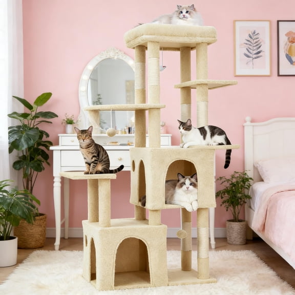 Cat Tree 61" Tall, Sisal Wrapped Scratching Post, Cat Nest, Hanging Ball, Extended Platform,Beige