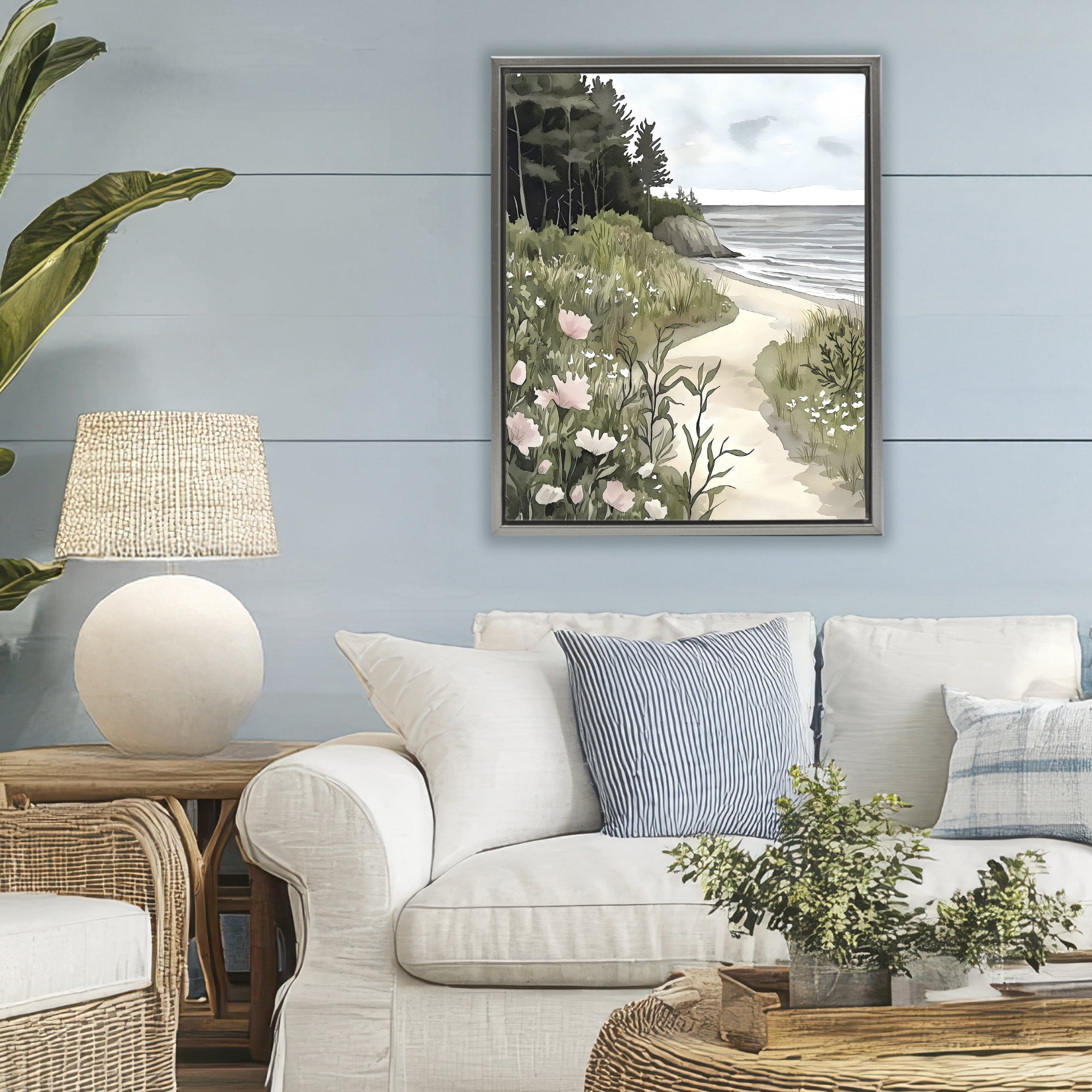 Stupell Industries Coastal Calm Floral Pathway Gray Framed Floater Canvas Wall Art, design by Riley B