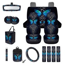 Jeiento Butterfly Leopard Print Car Seat Cover Full Set 15 PCS with Steering Wheel Cover Seat Belt Strap Pads Cup Coasters Trash Bag Air Vent Storage Bag Rearview Mirror Cover Keychain Auto Decor