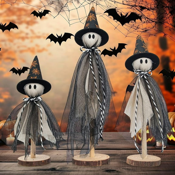 Primitive Halloween Decorations indoor, 3PCS Wooden Halloween Ghost Decor, Witch hat decor, Table Decor for Tiered Tray, Mantel, Party Supplies (Black)
