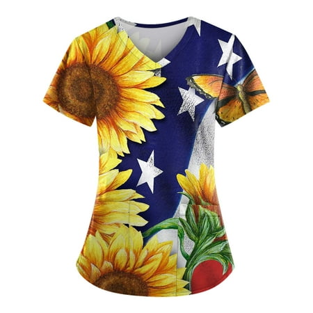 

Sksloeg Nurse Shirts for Women Red White Blue Star Stripe Printed Patriotic Top Workwear with Pockets Short Sleeve V-Neck Nursing Working Uniform Yellow L