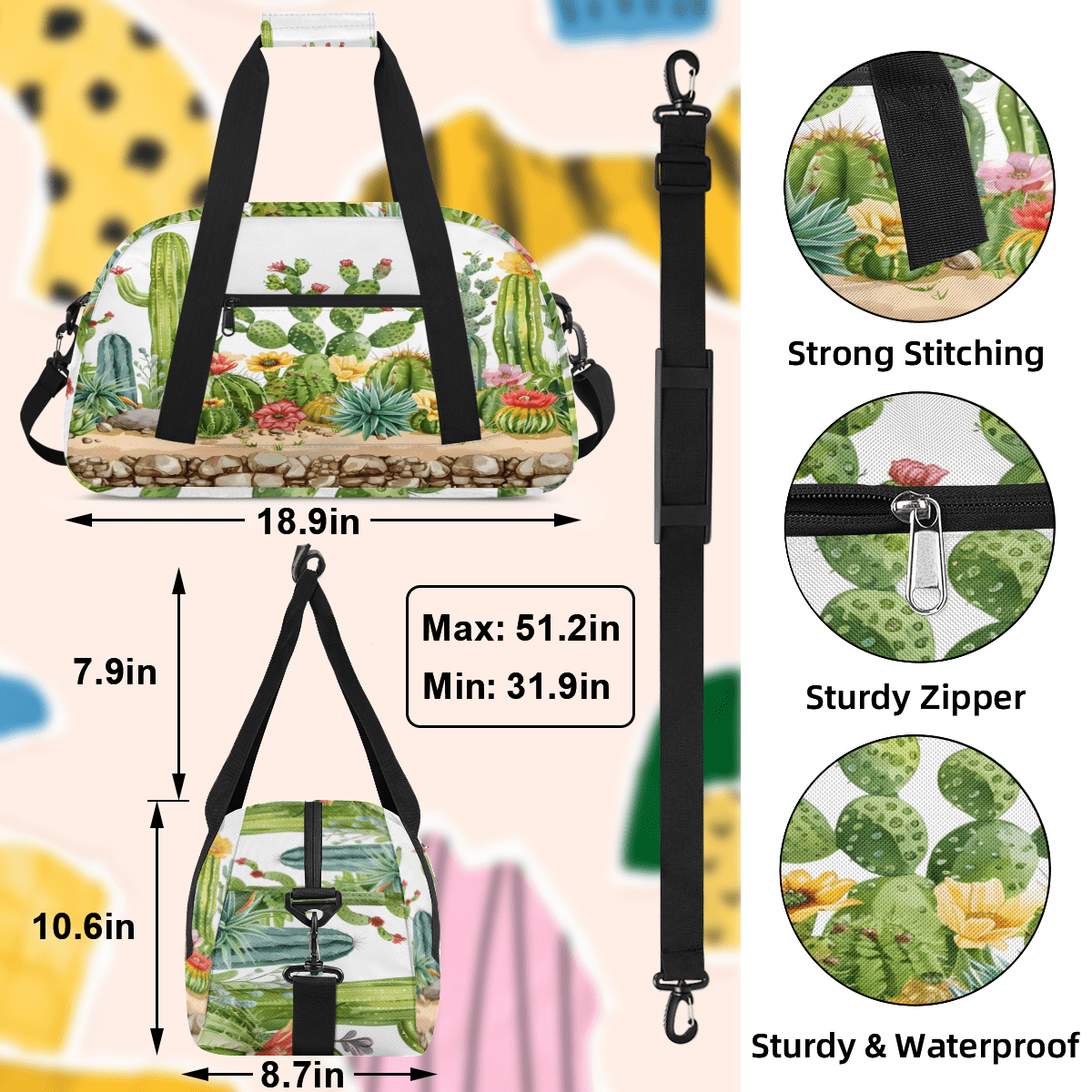 Herdesigns Sports Duffle Bags Travel Duffle Bag Gym Bag Cactus Floral Weekender Travel Bag Waterproof Overnight Bag Carry On Travel Tote Bag Dance Bags