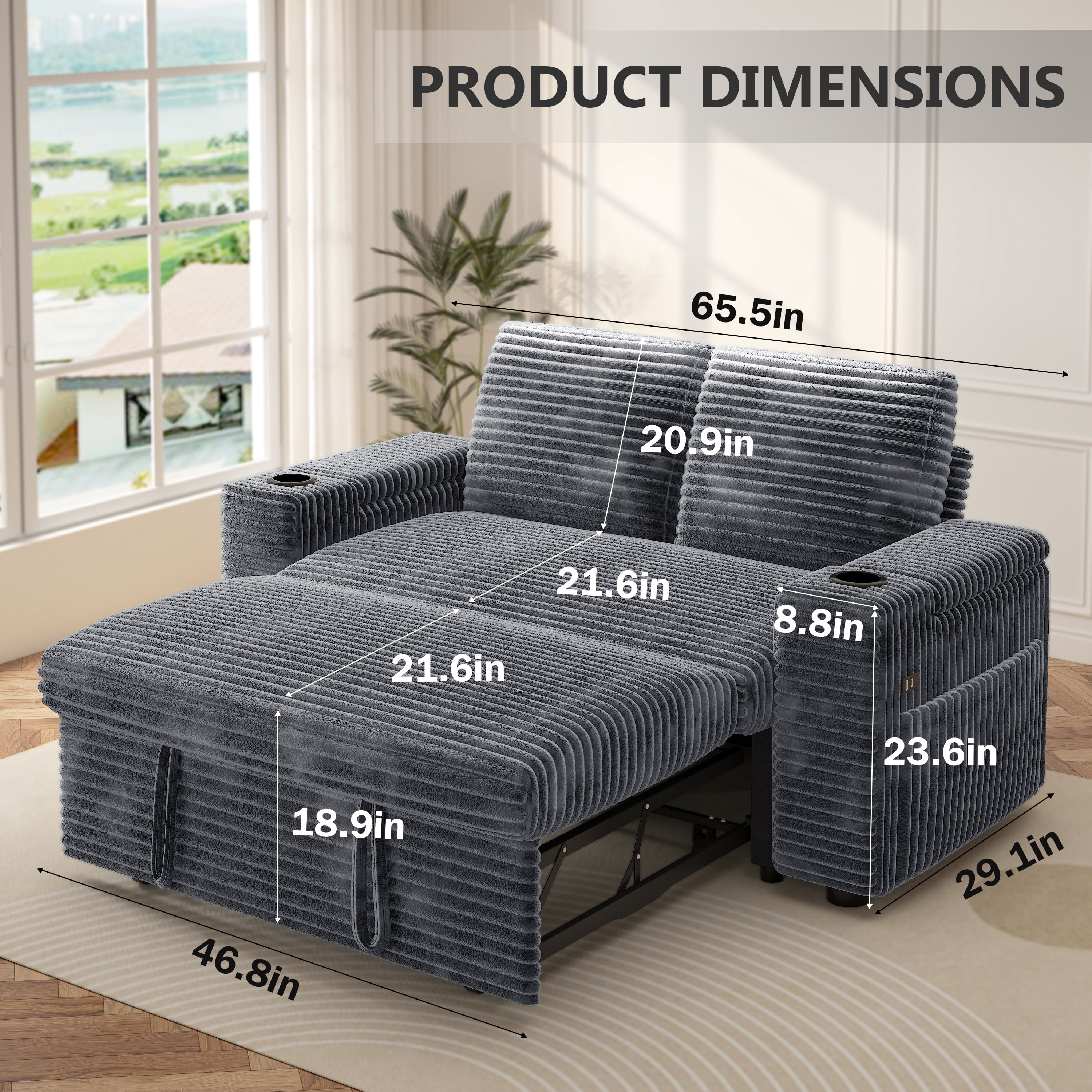 65" Multifunctional Plush Corduroy Loveseat Sleeper Sofa with Pull-Out Bed, Adjustable Backrest, USB Charging Ports, Cup Holders, Side Table & Storage Armrests, Easy Assembly