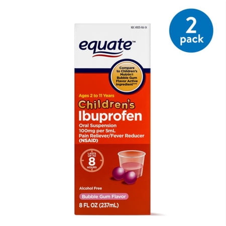 (2 Pack) Equate Childrens Ibuprofen Bubblegum Suspension, 100 mg, 8 Fl Oz