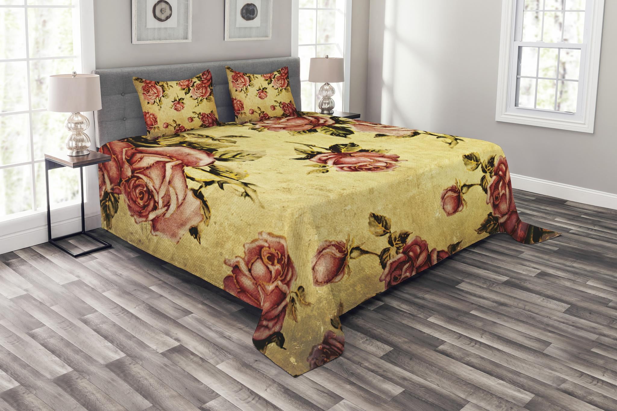 Rose Bedspread Set, Old Fashioned Victorian Style Rose Pattern with Dramatic Color Boho Art