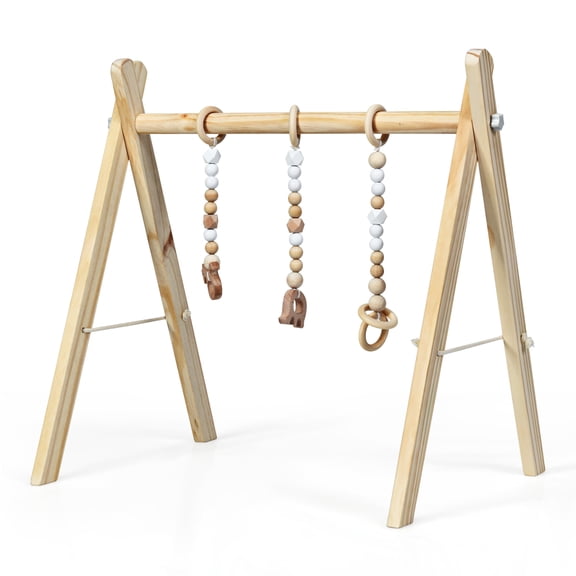 Costway Gimnasio para bebés, gimnasio con juguetes para dentición desarrollo cerebral estimulación sensorial, gimnasio plegable de madera para niños + 3 meses