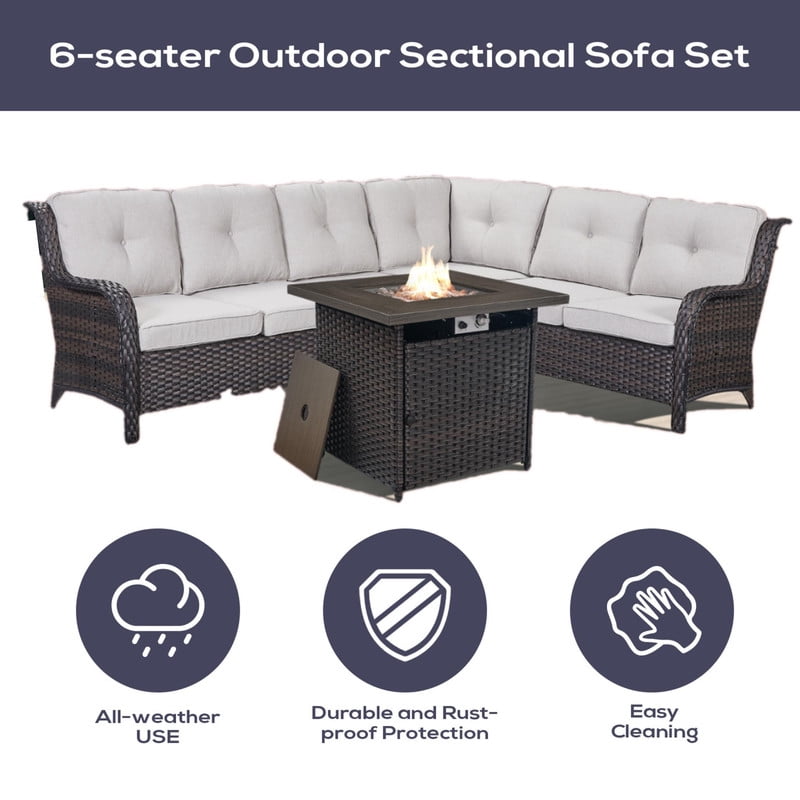 PARKWELL Outdoor Patio Furniture Set with Fire Pit Table,All-Weather Conversation L-Shaped Sectional Sofa with No-slip Thick Cushions,Backyard Porch Garden Poolside Balcony Set,Brown/Beige