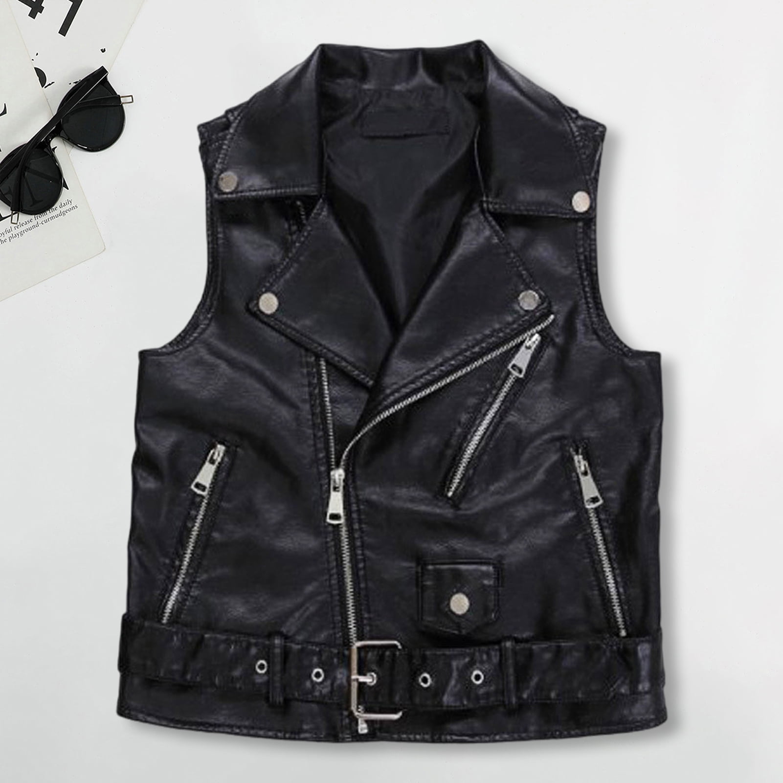 Women Vest Coat Faux Leather Smooth Surface Belt Decor Turn-down Collar Zip-up Sleeveless Zipper Pockets Retro Motorcycle Waistcoat Commuting Travel Outerwear