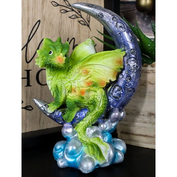 Pastel Green Dream Baby Dragon Wyrmling Sitting On Purple Crescent Moon Figurine