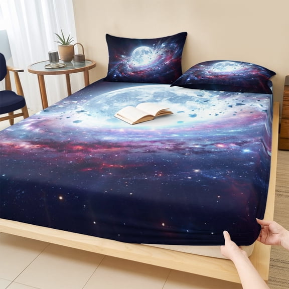 King Size Fitted Sheet Set - Moon Explosion 3 Piece Bedding Sets 16" Deep Pocket Fitted Sheet with 2 Pillowcases, Modern Abstract Art Galaxy Universe Brushed Microfiber Hotel Luxury Bed Sheets
