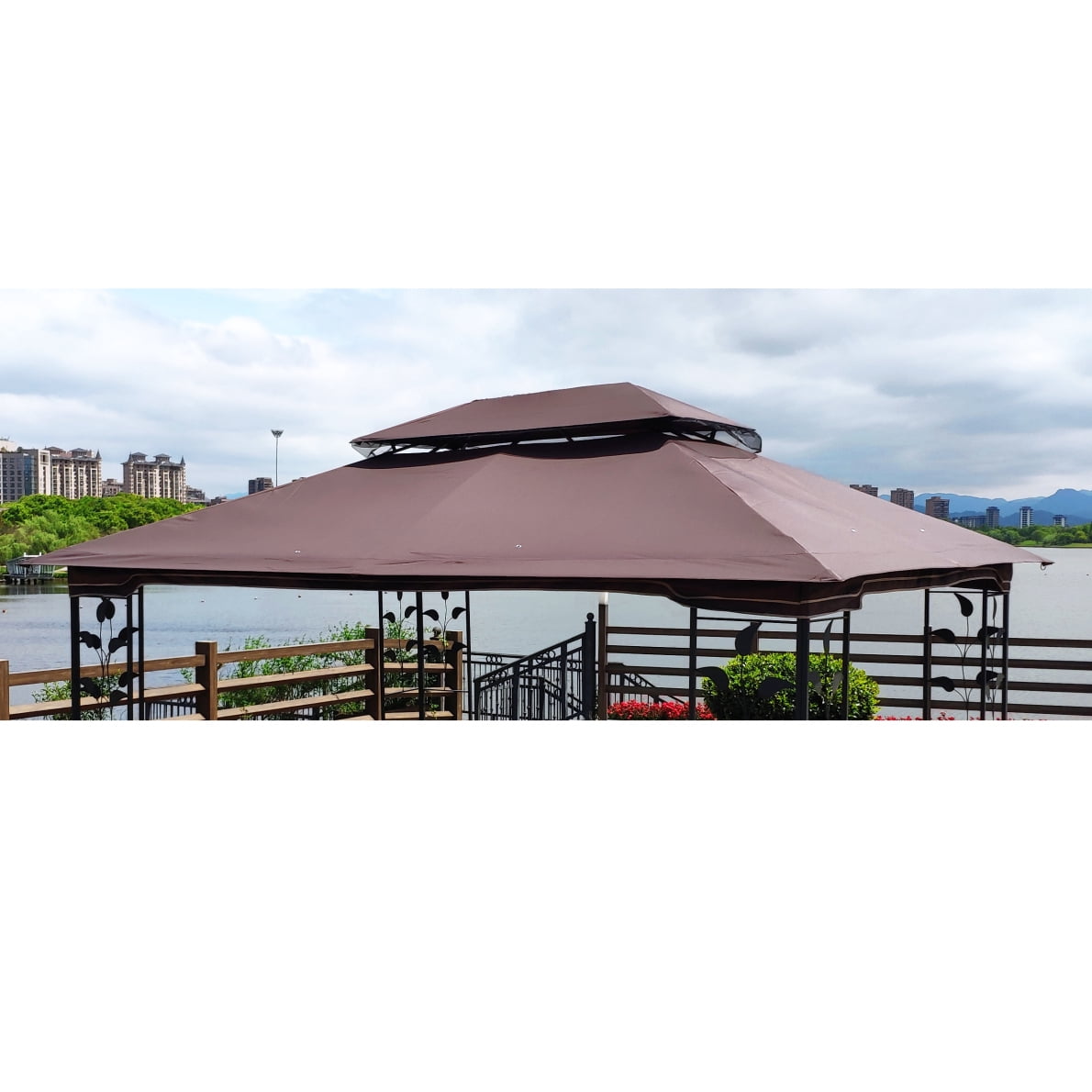 10x12 Replacement Gazebo Canopy Cover with Enhanced Drainage System, UV Protection, and Dual-Layer Insect Defense for Double Tiered Outdoor Gazebos, Pergolas, and Patio Canopies (Brown)
