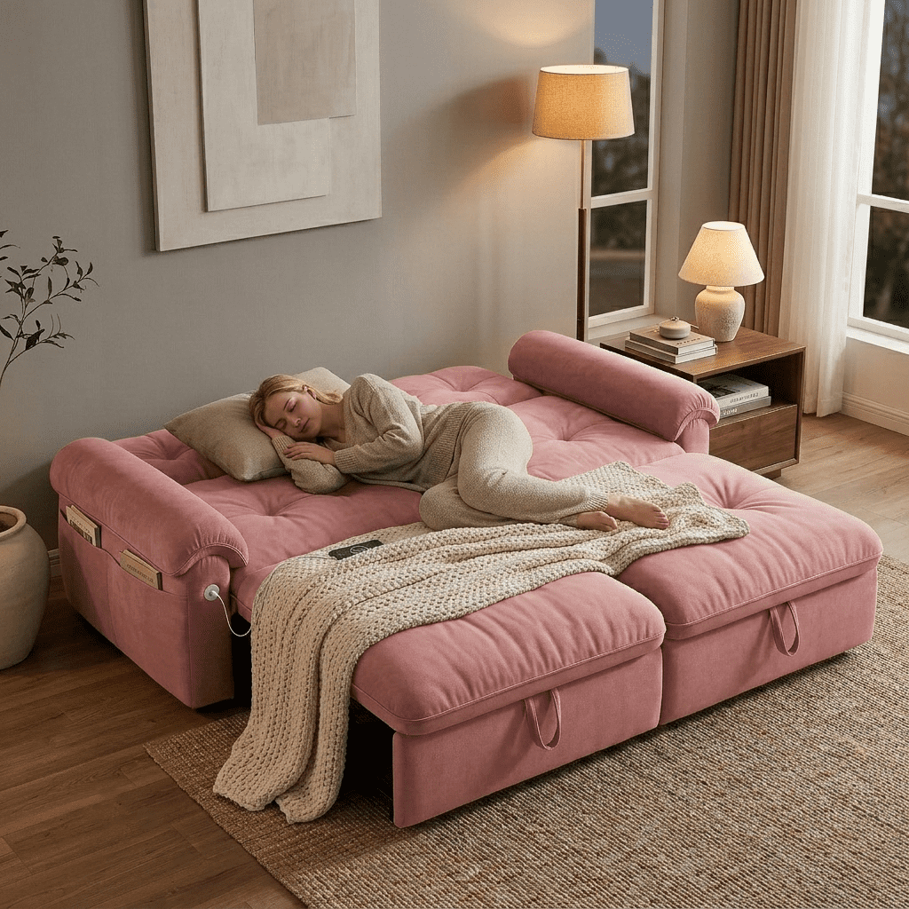 AISWORD 77"W Convertible Sleeper Sofa Bed,Velvet Pull-Out Loveseat Sofa Couch with USB Charging Port & Side Pockets,Modern Living Room Furniture for Small Spaces,Pink