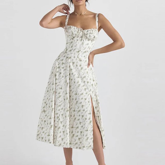Nuevo vestido transfronterizo con estampado Floral para mujer, estilo francés, sin espalda, ajustado, con cuello Halter, largo hasta la rodilla, manga corta, cintura imperio