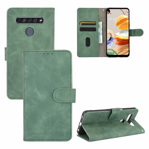 For LG Q61/ K61 PU Leather Flip Case Card Slots Holder Kickstand Book Folding Folio Cover-Green