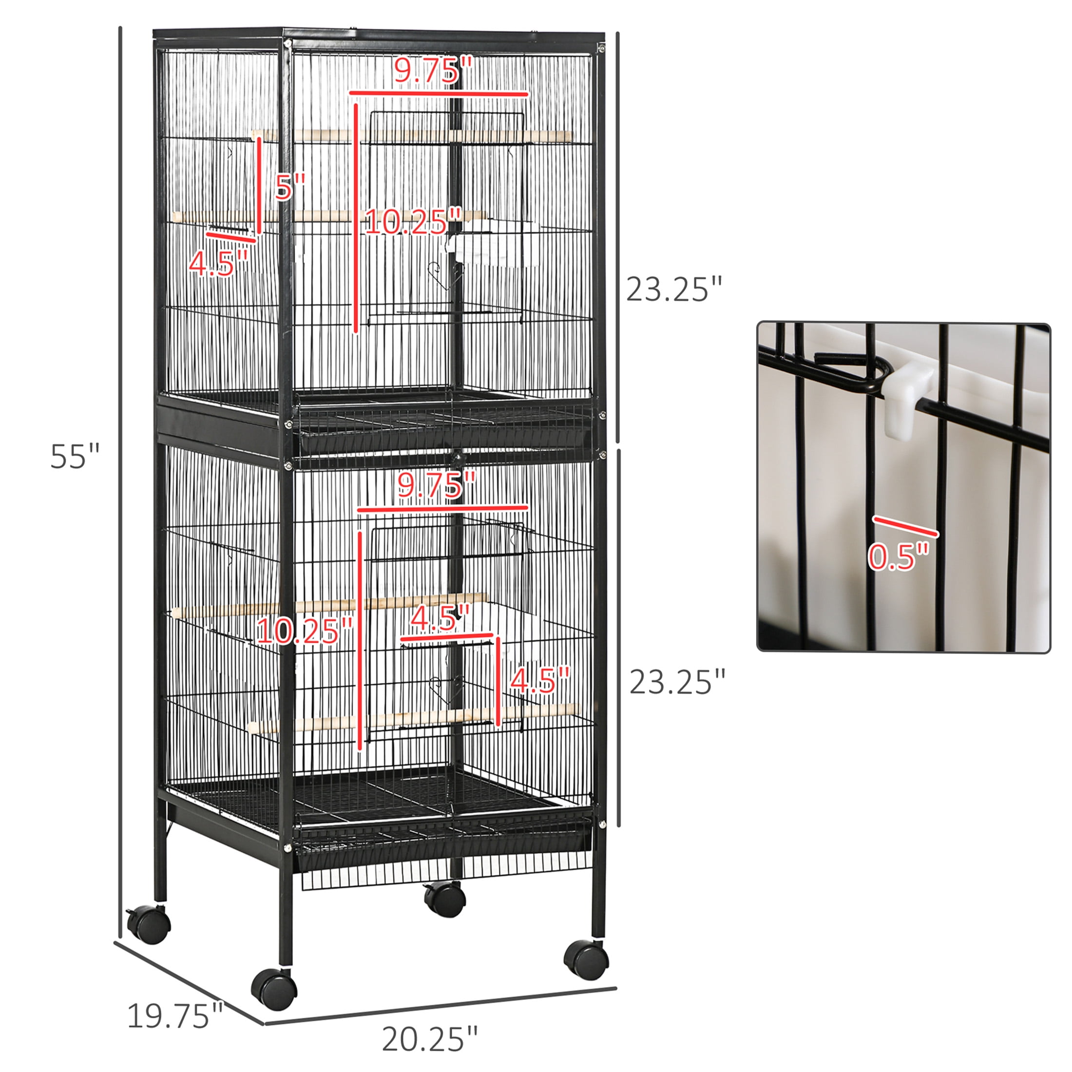 JERFIT 55" Large Black Wood Bird Cage for Parakeets, Canary & Conure - Wide 20.5" Flight Aviary with 4 Wheels, Multi-Doors & Easy Clean Tray