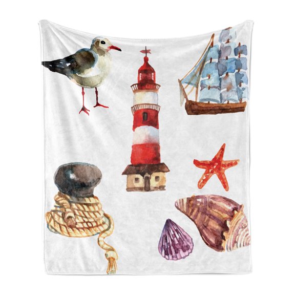 Nautical Soft Flannel Fleece Blanket, Nautical Theme Elements Seagull Boat Lighthouse Shell Starfish Island Watercolor, Cozy Plush for Indoor and Outdoor Use, 70" x 90", Multicolor, by Ambesonne
