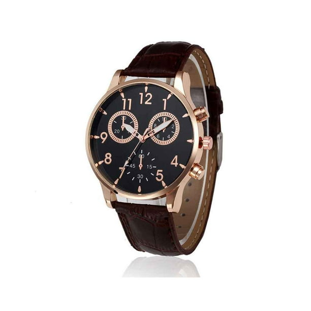 Mens watch leather clearance strap gold face