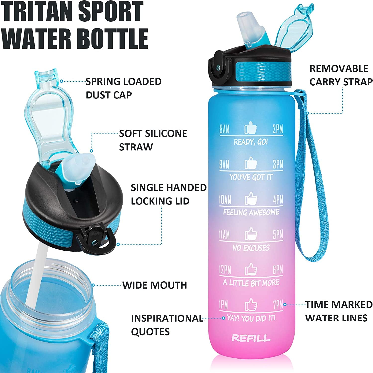  PUOENFGR Sports Water Bottle with Straw,32oz,With Both Time  Marker and Water Volume Marker,Leak Proof Thickened,BPA-Free,Adults and  Kids Love It,Apply To Gym,Outdoor,Travel(Pink-Purple Gradient) : Sports &  Outdoors