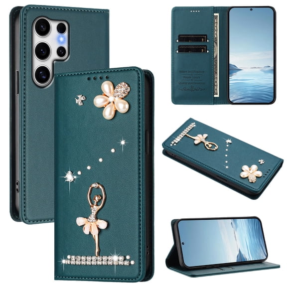 For Samsung Galaxy S21 Ultra Phone Case,Anti-Scratch PU Leather Flip Folding Kickstand,Luxury Diamond Ballet Dancer Pattern Design,With Card Holder,Shockproof Anti-fall Flip Wallet Case,Darkgreen