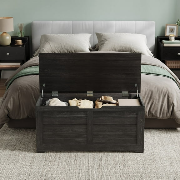 LEDREM Storage Chest, 39.4" W  Wooden Storage Organizer for Entryway, Bedroom, Charcoal Gray