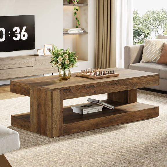 Finmind Modern 2-Tier Coffee Table, 47.24 Inch  Rectangular Accent Center Tea Table with Storage for Living Room, Home, Brown