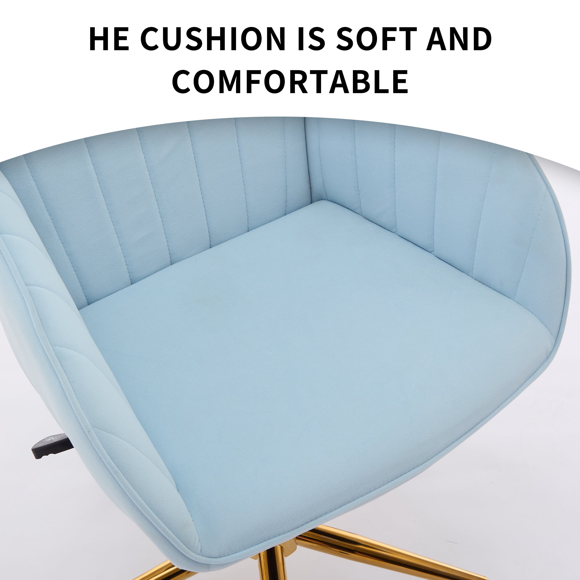 Peispie Velvet Office Chair 300lbs, Mid Back Vanity Chair, Modern Swivel Desk Chair with Gold Base, Upholstered Computer Task Chair for Bedroom, Blue