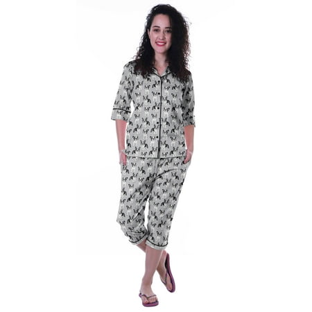 

Moomaya Printed Cotton 3/4 Sleeve Shirt With Capri 2 Piece Nightwear Set Sleepwear For Womens