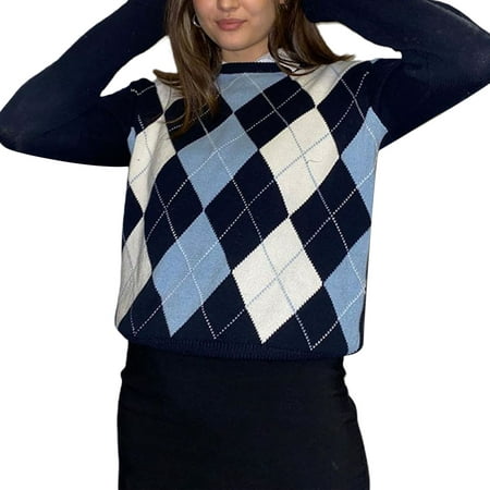 EYIIYE Women Argyle Plaid Sweater Pullover Long Sleeve V Neck Preppy Y2K  E-Girl Sweater Autumn Winter