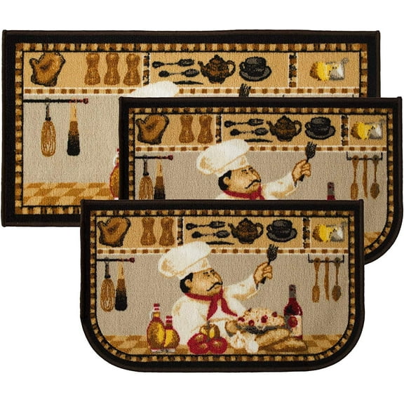 Kashi Home Kitchen Rug, Printed Area Rug, Durable Floor, Door Mat, Farmhouse Non-Slip Carpet Latex Backing Beautiful Design Wine Chef 3pc Set (2 18x30 D Shape & 1 20x40)