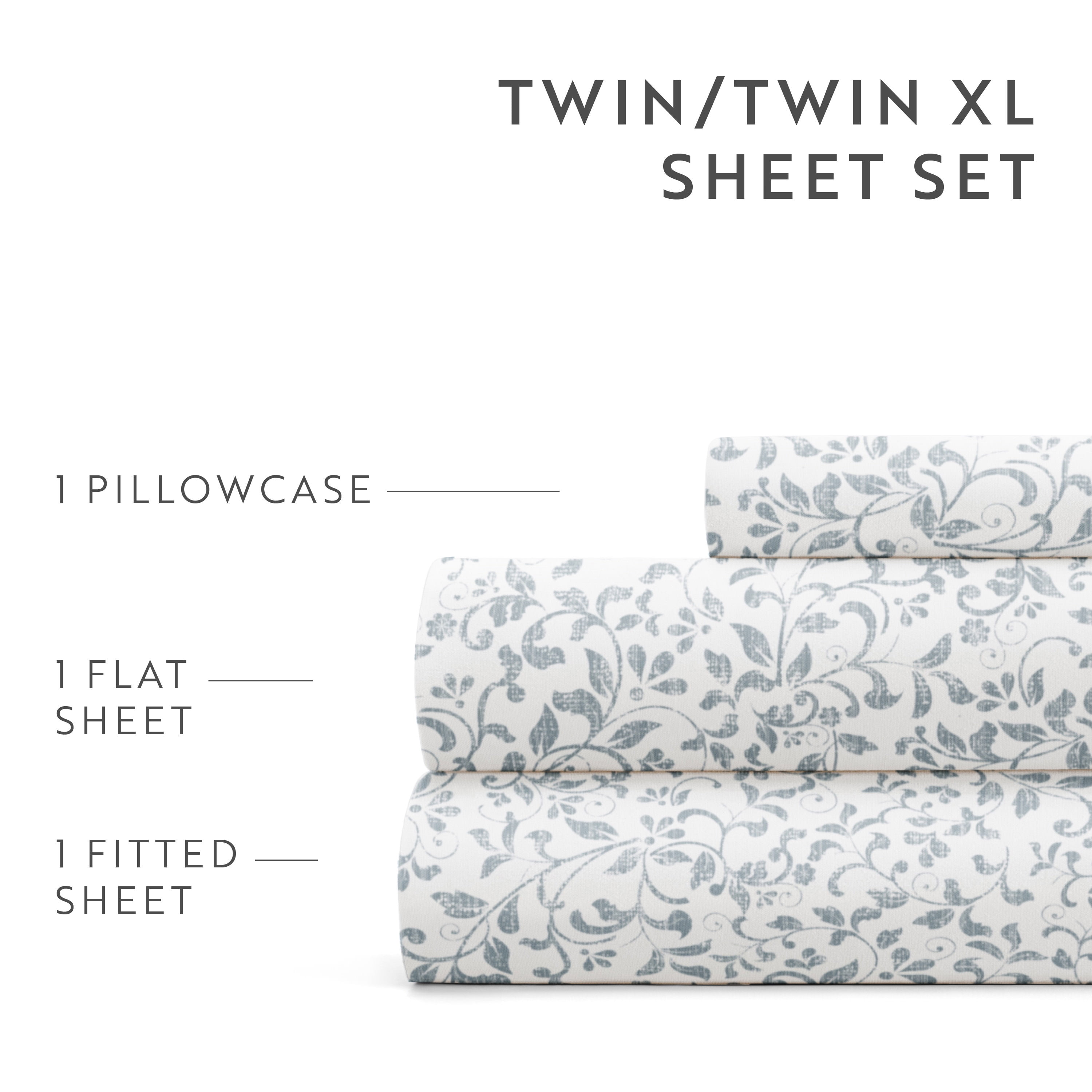 Noble Linens 4 Piece Pattern Modern Coastal Bed Sheets Set, Distressed Vine Costal Blue, Twin