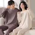 thumbnail image 1 of Pijama de manga larga con diseño de gofre para mujer, de algodón, para primavera y otoño, talla grande, sencillo, para llevar en casa en pareja, para hombre, 1 of 5