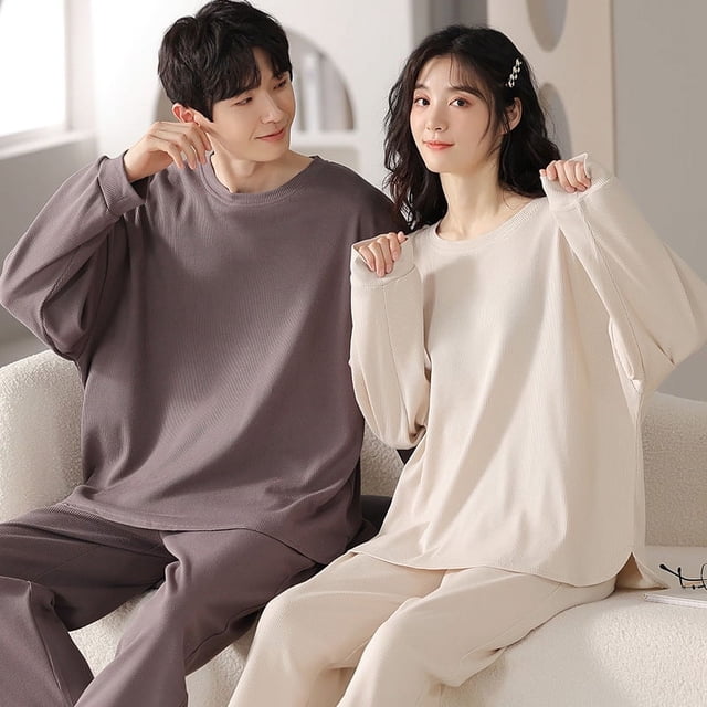 Pijama de manga larga con diseño de gofre para mujer, de algodón, para primavera y otoño, talla grande, sencillo, para llevar en casa en pareja, para hombre