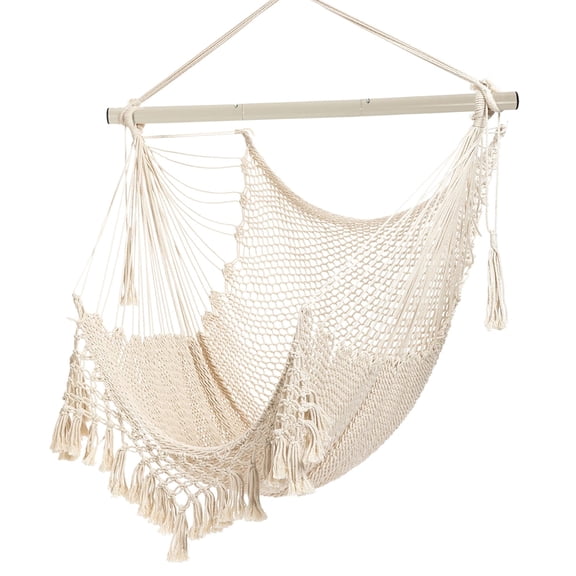 Hammock Chair，Max 330lbs, Large Hanging Chair, Soft Cotton Rope Swing Chair with High Load-Bearing Metal Rod,Indoor Outdoor Garden Yard Living Room Use Beige