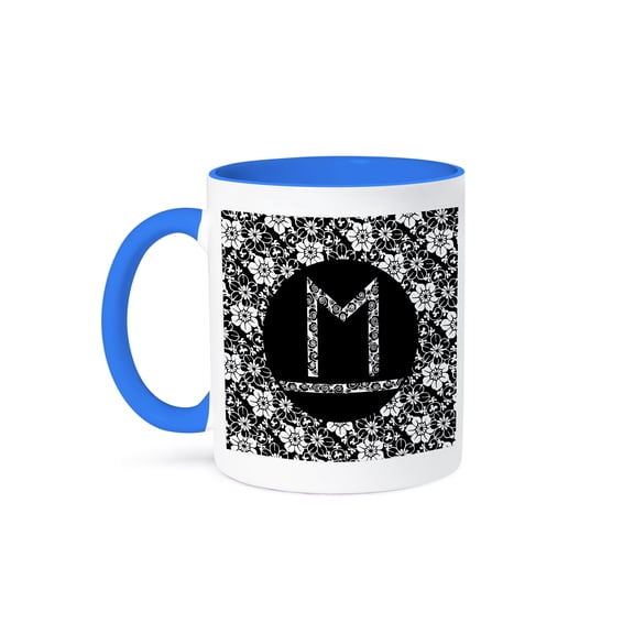 3drose, Pretty Black and White Floral Monogram Letter M, 11oz Two-tone Blue Mug