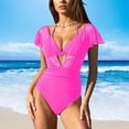 thumbnail image 2 of Womens Ruffled Swimsuits with Triangle Bikini Halter Top Swim Suits V Neck Ruched Short Sleeve Bathing Suit (S, Hot Pink), 2 of 7