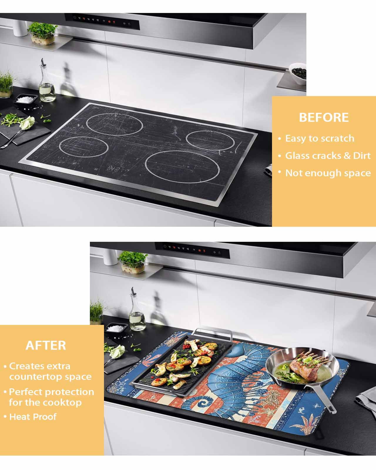 nqOlkjepod Large Induction Cooktop Protector Mat 24"x21", Blue Seahorse Stove Top Covers for Electric Stove, Summer Ocean Orange Coral Striped Stove Burner Cover Mats, Glass Top Stove Cover