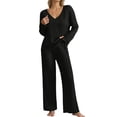 thumbnail image 2 of Women 2 Piece Lounge Set Loungewear Pyjama Set Elegant Ribbed Homewear Autumn Loose Long Sleeve V Neck Tops Wide Leg Trousers Sets Sleepwear Leisure Leisure Suit, 2 of 7