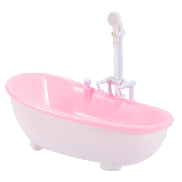 juguete de bañera para muñecas, modelo de bañera eléctrica con rociador de agua, juguete de simulación para niños rosa; vista 3/4 frontal de bañera miniatura de plástico (22.3x17.5x11.5 cm) con interior rosa brillante y exterior blanco, grifería y rociador vertical blanco, superficie lisa y patas pequeñas; también suele usarse como decoración de casas de muñecas.