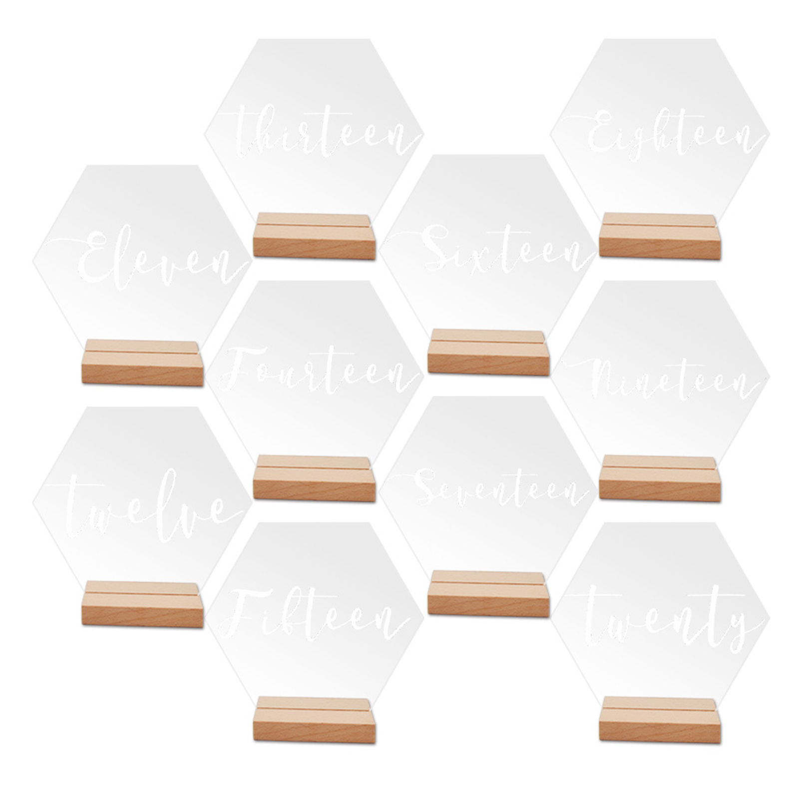 Hexagon Acrylic Wedding Table Number Sign with Wood Holder Set Supplies