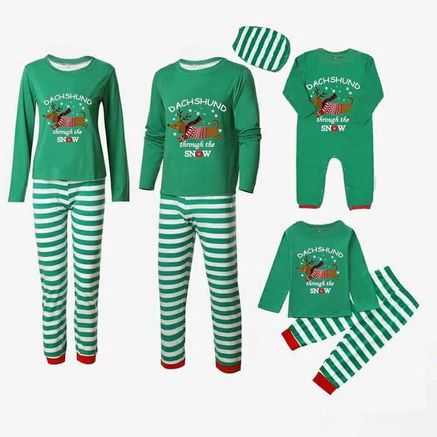 Pijamas familiares a juego de Navidad, conjunto de pijamas de Reno a través de la nieve, rayas verdes, Dachshund