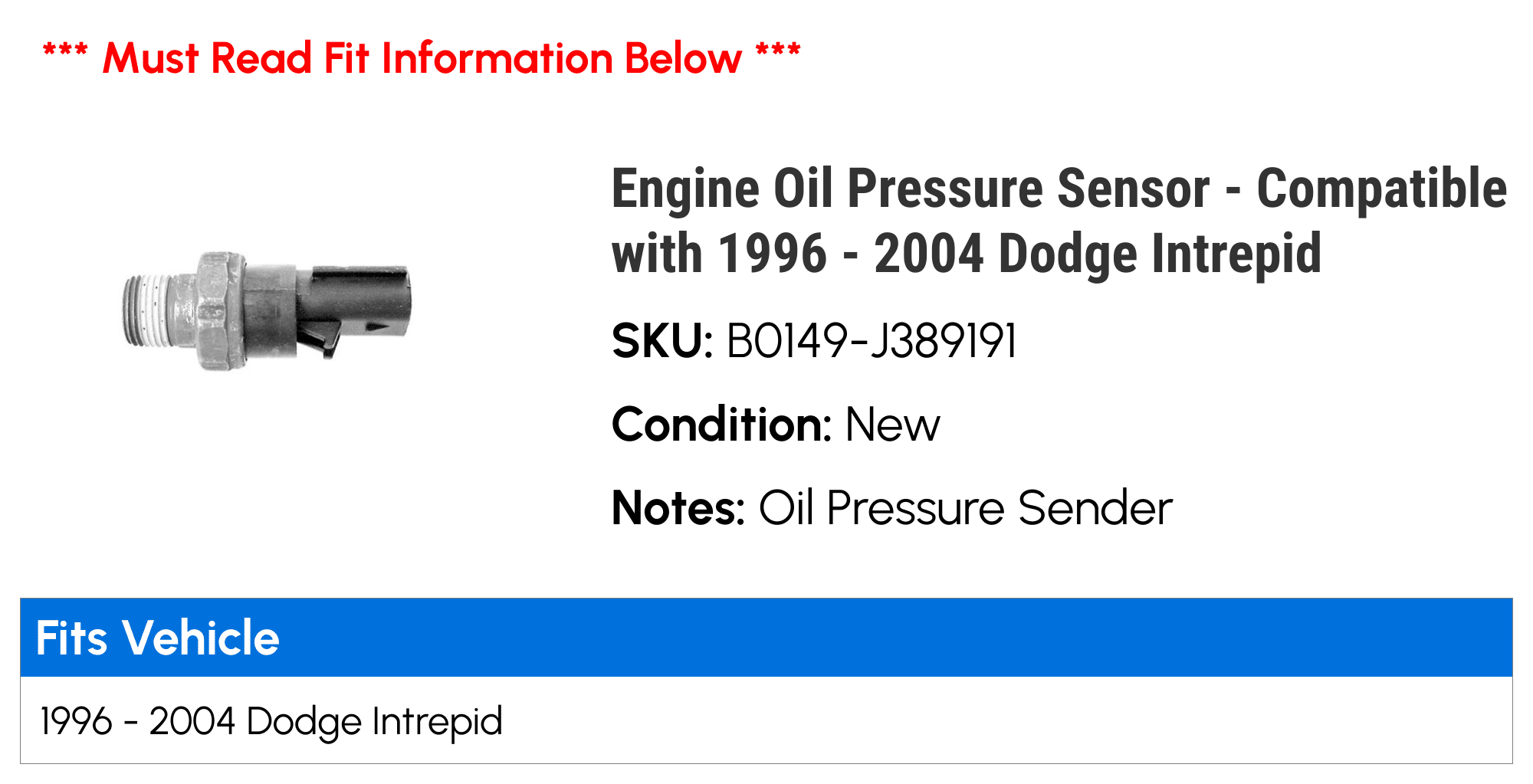 Engine Oil Pressure Sensor - Compatible with 1996 - 2004 Dodge Intrepid 1997 1998 1999 2000 2001 2002 2003