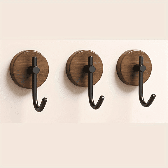 3Pcs Walnut Wood Wall Hooks, Adhesive Heavy Duty Coat Hooks with Black Metal, Waterproof Decorative Hooks for Towels, Keys, Bags, Bathroom & Entryway