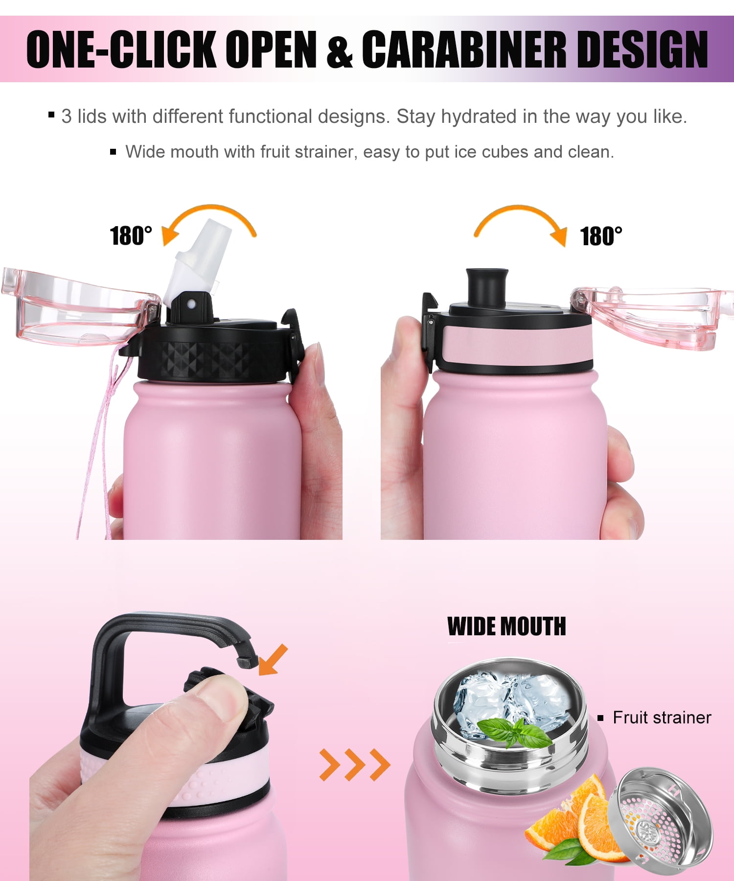 Oldley Insulated Water Bottle 20oz For aldults and Kids Girl with  Straw,Chug,Carabiner 3 Lids Double Wall Vacuum Wide Mouth BPA Free  Sweat,LeakProof for School Travel,Gift,Pink Purple 