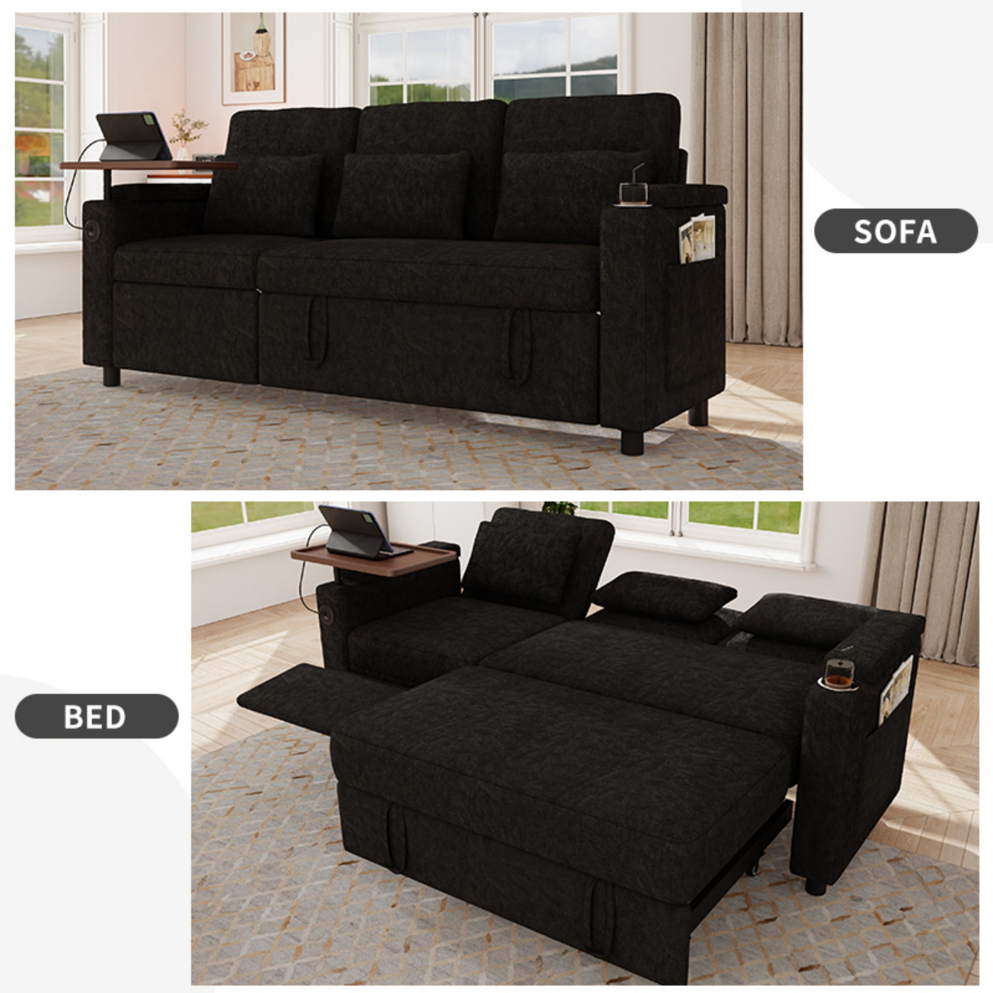 DEALTOPS 81" Chenille Pull-Out Sleeper Sofa Bed with Recliner, Tray Table, USB Ports & Storage, Black
