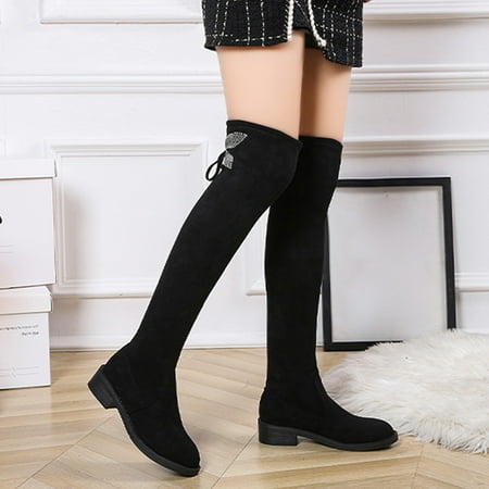 

Cathalem Women Ling Boots Womens Shoes Retro Fashion But Knee High Boots Flat Low Heel Solid Color Slip Knee Hi Boots for Women Black 7