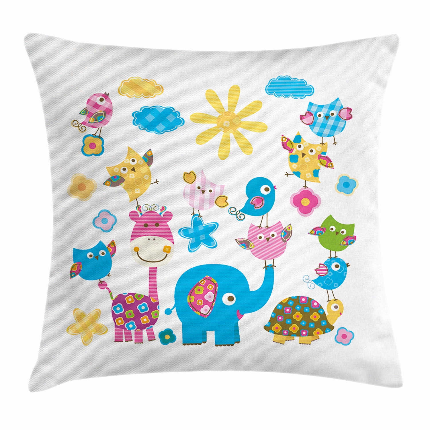 Nursery Throw Pillow Cushion Cover, Cute Animals Cartoon Style Happy  Dancing Animals Elephant Birds Owls, Decorative Square Accent Pillow Case,  16 X 16 Inches, Sky Blue Pink Marigold, by Ambesonne 