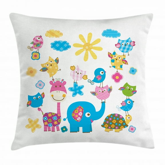 Nursery Throw Pillow Cushion Cover, Cute Animals Cartoon Style Happy Dancing Animals Elephant Birds Owls, Decorative Square Accent Pillow Case, 24 X 24 Inches, Sky Blue Pink Marigold, by Ambesonne