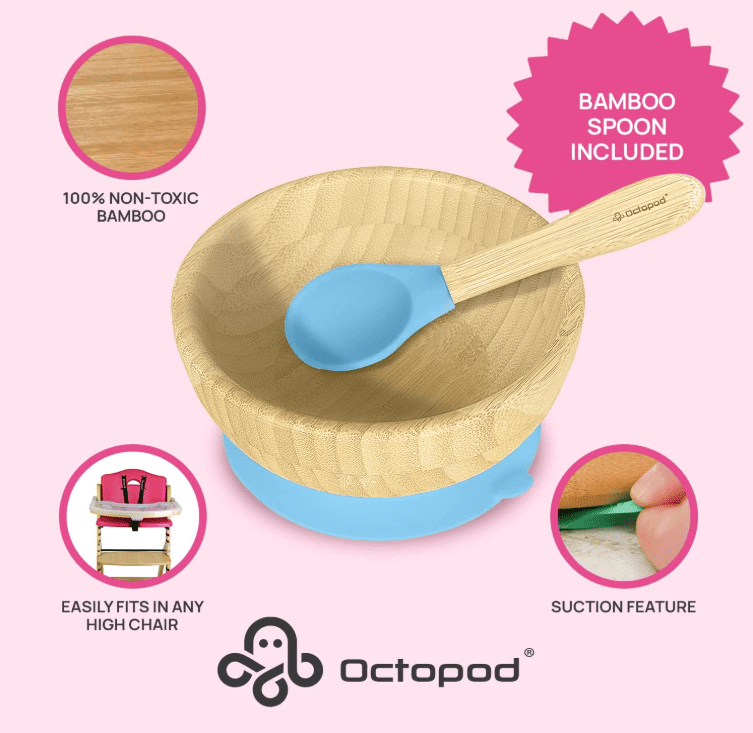 Abiie Octopod Bamboo Suction Bowl -  Baby Bowl with Suction for 4 months and up, High-Chair Bamboo Baby Plate, Mess-Free Toddler Suction Plates, Ergonomic Baby Feeding Supplies - (Blue)
