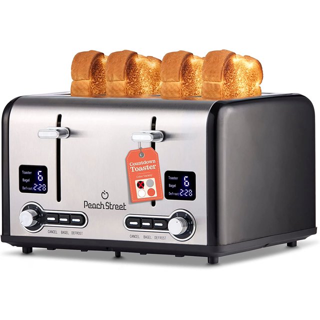 Peach Street Slice Toaster Compact Bread Toaster with Digital Countdown, Wide Slots, Auto-Pop Stainless Steel, 6 Browning Levels, Removable Crumb Tray, with Defrost, Bagel, and Cancel Function (Black,