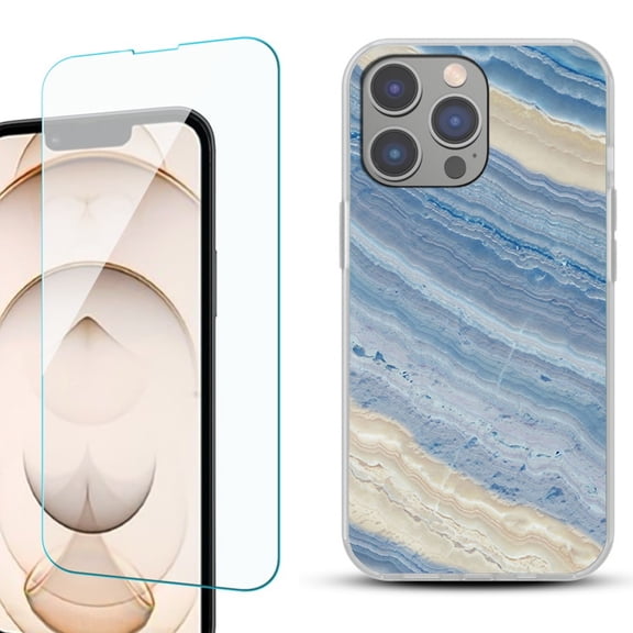 Slim-Fit Gel TPU Phone Case for iPhone 14 Pro, with Tempered Glass Screen Protector, by OneToughShield ® - Marble/ Marina Blue